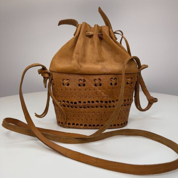 Handmade Drawstring Small Leather Bucket Shoulder Crossbody‎ Bag - Picture 1 of 8